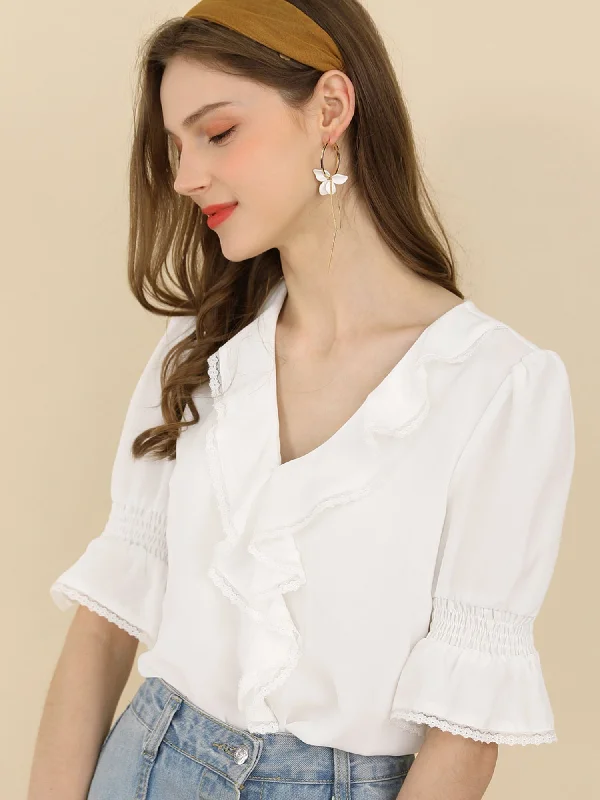 Ruffle Puff Sleeve Lace Trim Chiffon Peasant Blouse Floral Print Blouse