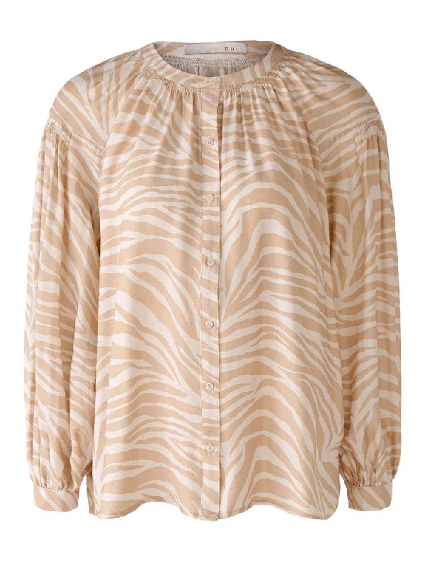 Oui Patterned Blouse Tan Double Button Blouse