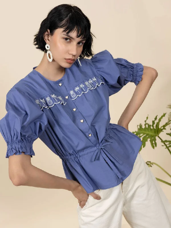 Emily Lovelock Jill Blouse Blue Casual Button Blouse