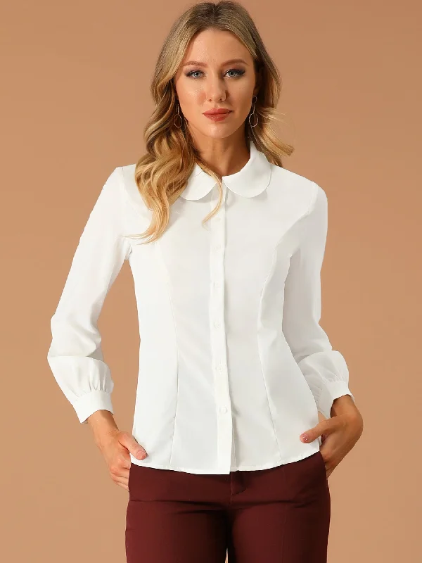 Button Up Peter Pan Collar Long Bishop Sleeve Blouse Lightweight Chiffon Blouse