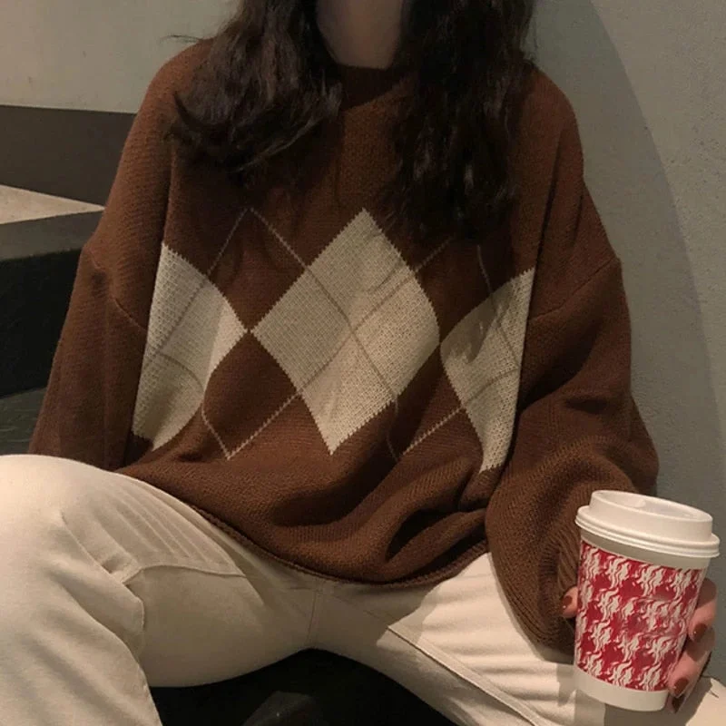 Women Knitted Sweater | Geometric Pattern Sweater | Korean Style College Girl Sweater | Casual Regular Sweater | Female Long Sleeve Oversize Cable Knit Ribbed Knit Lace Knit Women Knitted Sweater | Geometric Pattern Sweater | Korean Style College Girl Sweater | Casual Regular Sweater | Female Long Sleeve Oversize Cable Knit Ribbed Knit Lace Knit