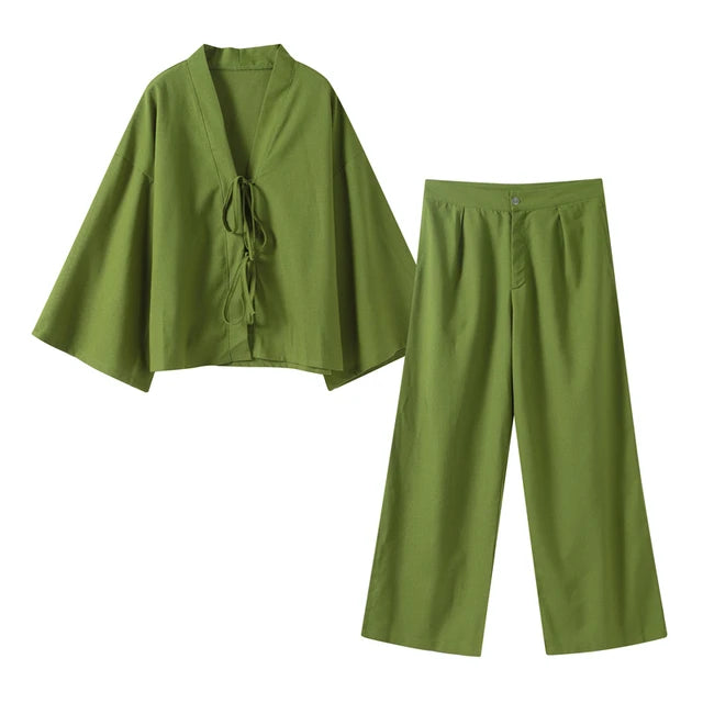 Casual Green Bow Lace Up Shirt Pant Set V-neck Long Sleeve Blouse Set Feminine Satin Blouse