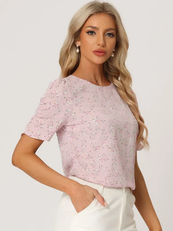 Floral Crew Neck Ruched Sleeve Casual Blouse Pleated Collar Blouse