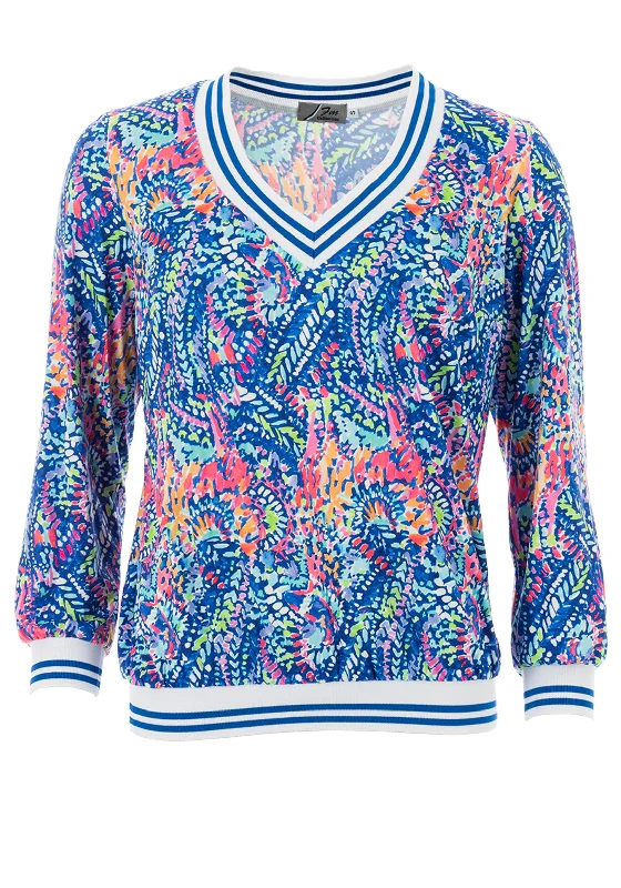 Leon Collection Abstract Petal Print Blouse, Blue Slim Fit Blouse