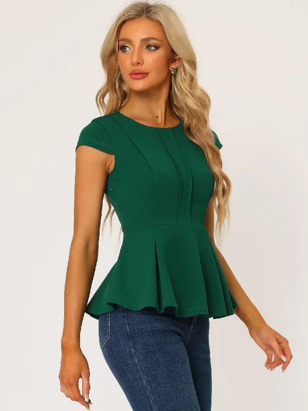 Elegant Round Neck Solid Color Cap Sleeve Peplum Blouse Polished Work Blouse