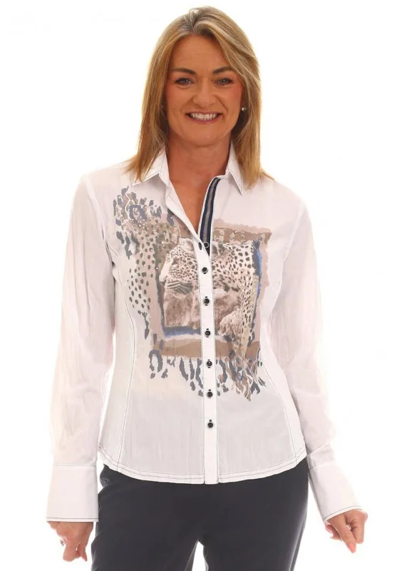 Just White Animal Print Blouse, White Multi Modern Work Blouse