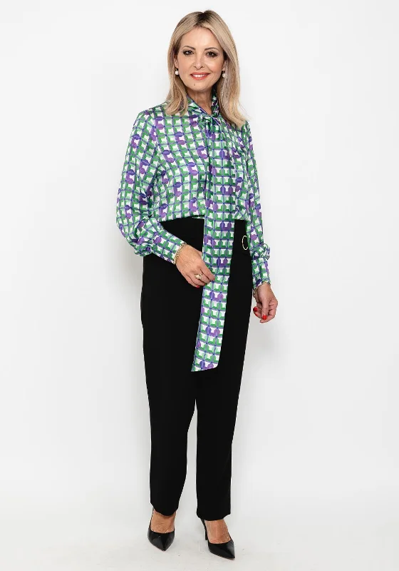 Camelot Geo Print Bow Neck Blouse, Green & Purple Satin Drape Blouse