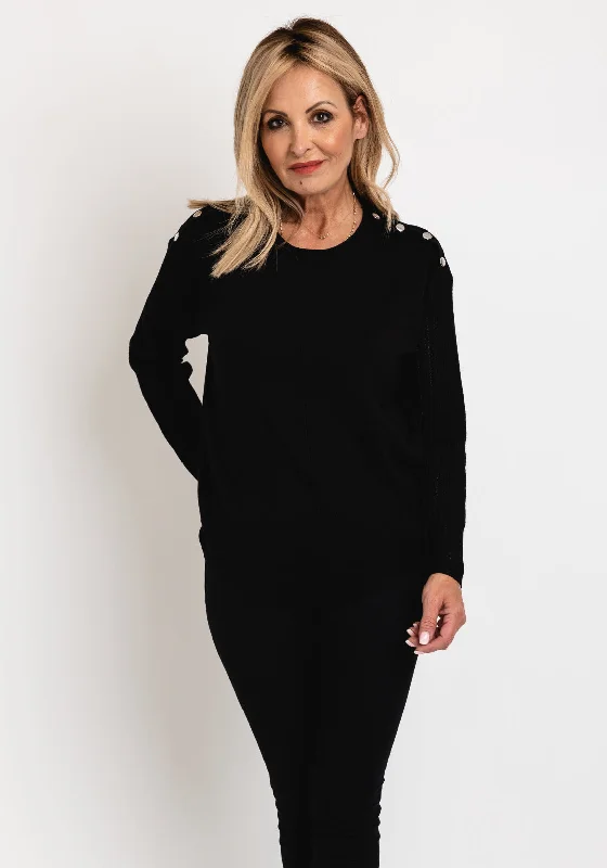 Micha Stud Shoulder Knit Sweater, Black Knit Fabric Woven Fabric Fleece Fabric