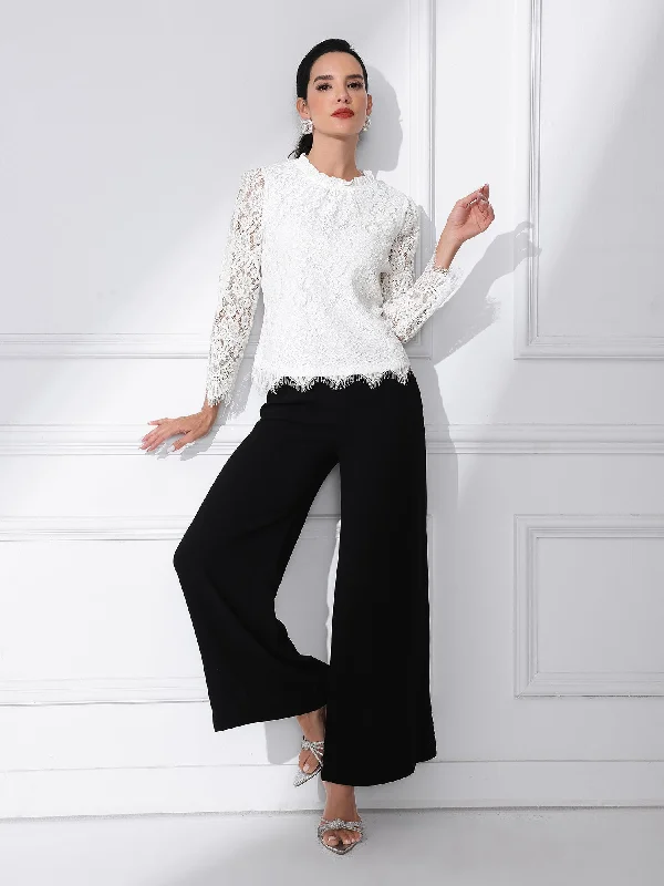 Lace Long Sleeve Ruffle Stand Neck Floral Blouse Sleeveless Summer Blouse