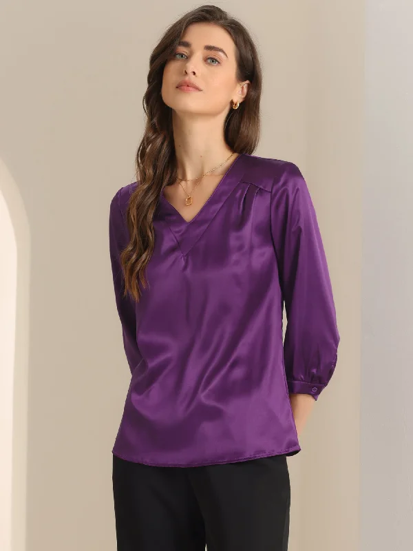Casual Office Blouse 3/4 Sleeve V Neck Satin Shirt Loose Fit Blouse