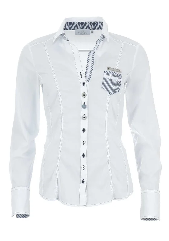 Just White Striped Trim Blouse, White Pastel Color Blouse