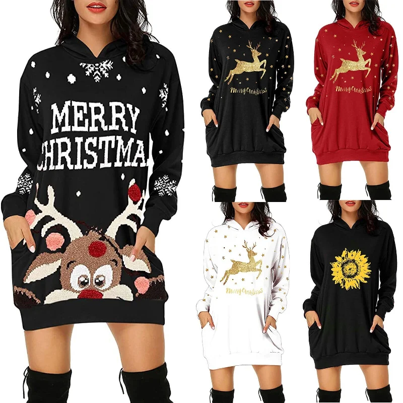 Christmas hot sale printed mid-length pocket hooded long-sleeved sweater Beaded Sweater Sequined Faux Fur Christmas hot sale printed mid-length pocket hooded long-sleeved sweater Beaded Sweater Sequined Faux Fur