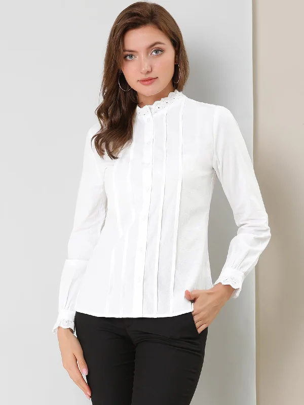 Mock Neck Lace Trim Pleated Button Down Work Office Blouse Shirt Drape Neck Blouse