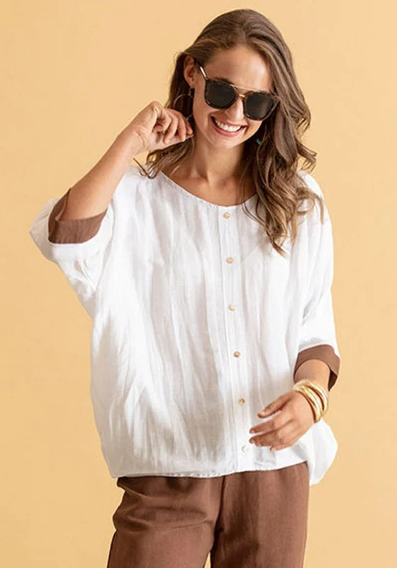 Naya Linen Blend Relaxed Fit Blouse, White Office-Ready Blouse