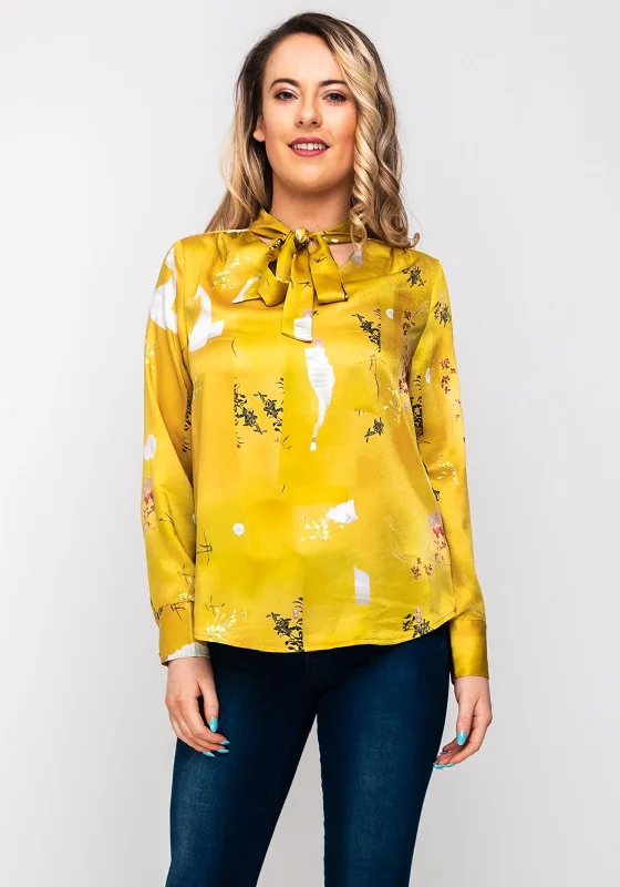 Lily Printed Pussybow Satin Blouse, Mustard Flowy Bohemian Blouse