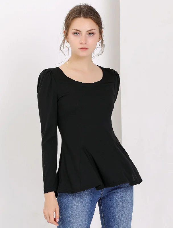 Long Sleeve Scoop Neck Casual Peplum Blouse Casual Button Blouse