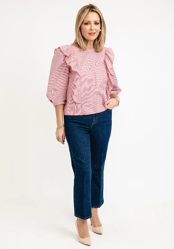 iBlues Tabarin Striped Ruffle Blouse, Red & White Cotton Casual Blouse