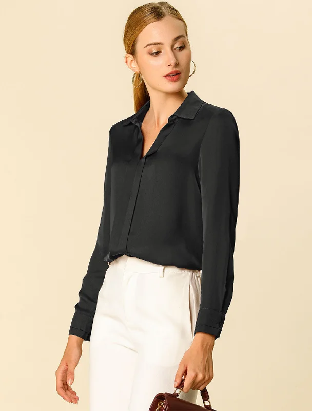 Satin Elegant V Neck Long Sleeve Silky Office Work Blouse Airy Cotton Blouse