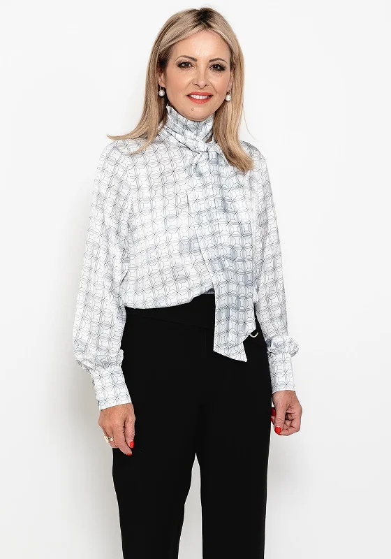 Camelot Geo Print Bow Neck Blouse, White Balloon Sleeve Blouse