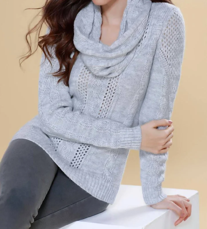 Juliana Cable Knit Sweater Attach Scarf In Gray Ribbed Striped Patterned