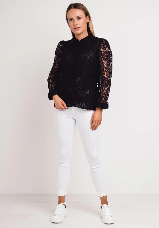 Seventy1 Crochet Lace Blouse, Black Embellished Collar Blouse