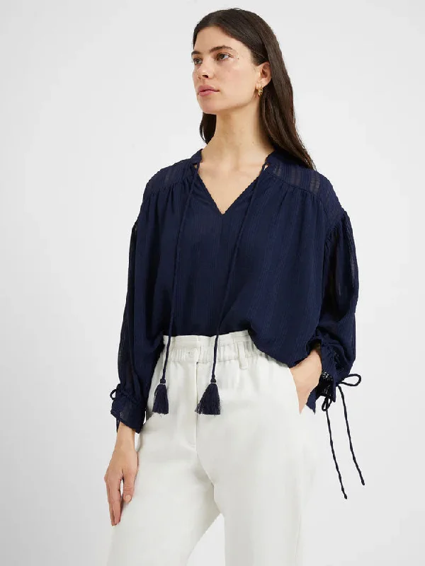Great Plains Desert Check Blouse Navy Ruffled Neck Blouse