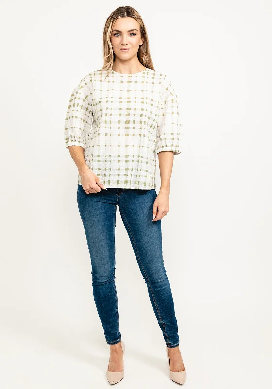 Pulz Sania Textured Check Blouse, Green & White Classic White Blouse