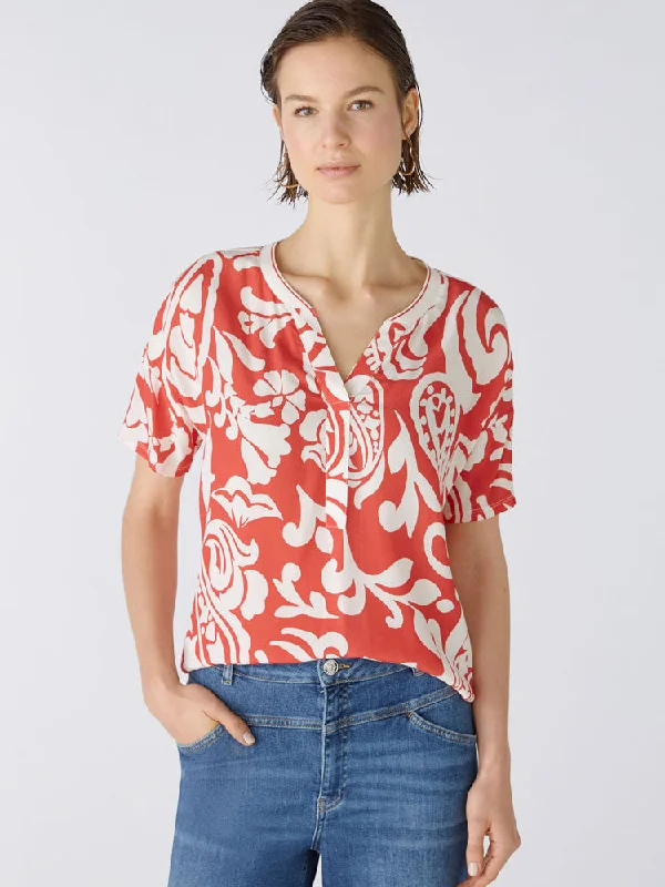 Oui Blouse Red & White Stretchy Fitted Blouse