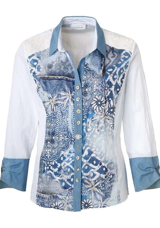 Just White Denim Trim Floral Blouse, White & Blue Wrap Front Blouse