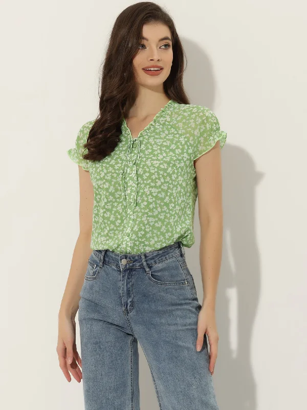 Ditsy Floral Print Chiffon Short Sleeve Ruffle Blouse Feminine Tie Blouse