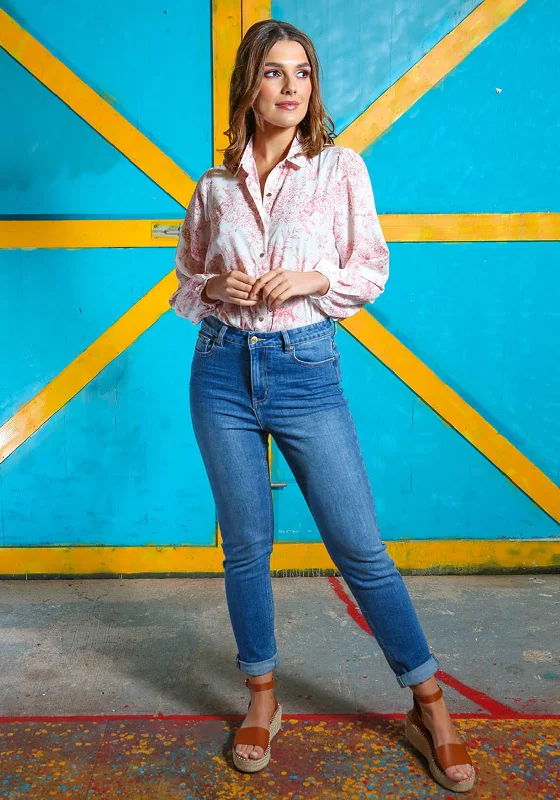 Rant & Rave Gloria Floral Blouse, Pink Semi-Sheer Blouse