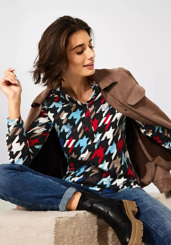 Cecil Bold Houndstooth Print Blouse, Black Multi Sheer Mesh Blouse