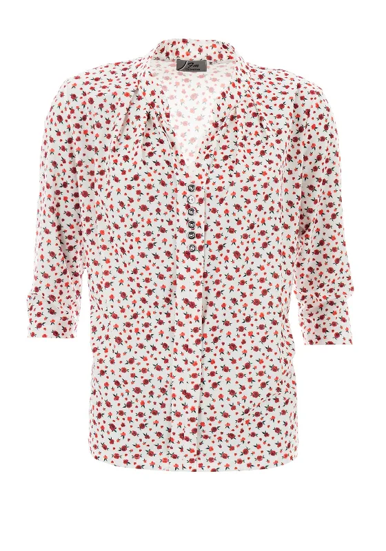 Leon Collection Rose Flower Buttoned Blouse Red & White Casual Relaxed Fit Blouse
