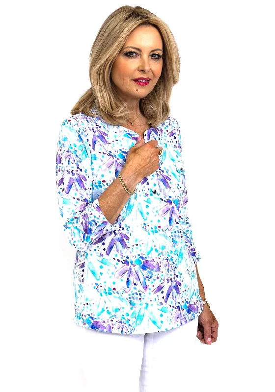 Leon Collection Watercolour Flowers Print Half Button Blouse, Purple Multi Office Formal Blouse