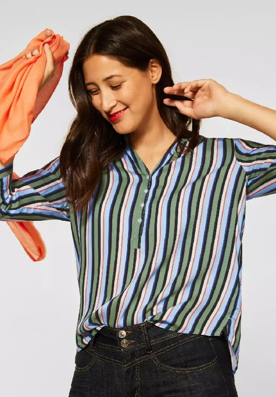 Street One Striped Half Button Blouse, Washed Olives Smart Casual Blouse
