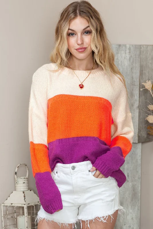 Round Neck Color Block Sweater Bright Pastel Dark
