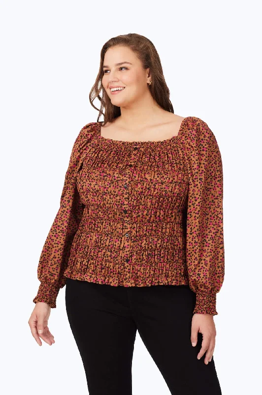 Plus Smocked Wild Cheetah Blouse Loose Oversized Blouse