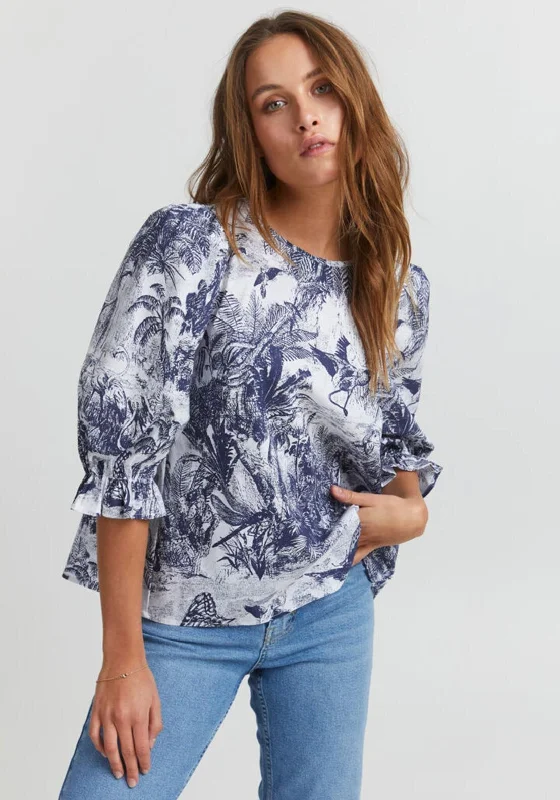 Pulz Nadia Printed Blouse, Navy & White Balloon Sleeve Blouse