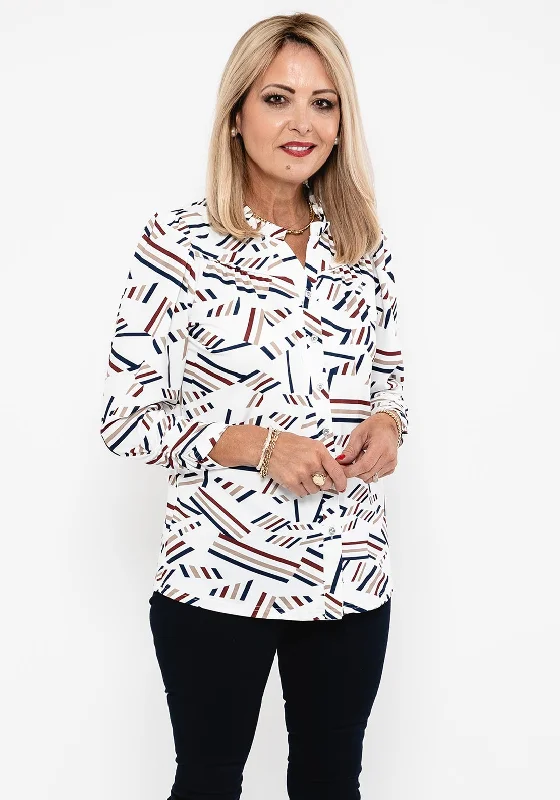 Leon Collection Ruffle Collar Print Blouse, White Side Tie Blouse