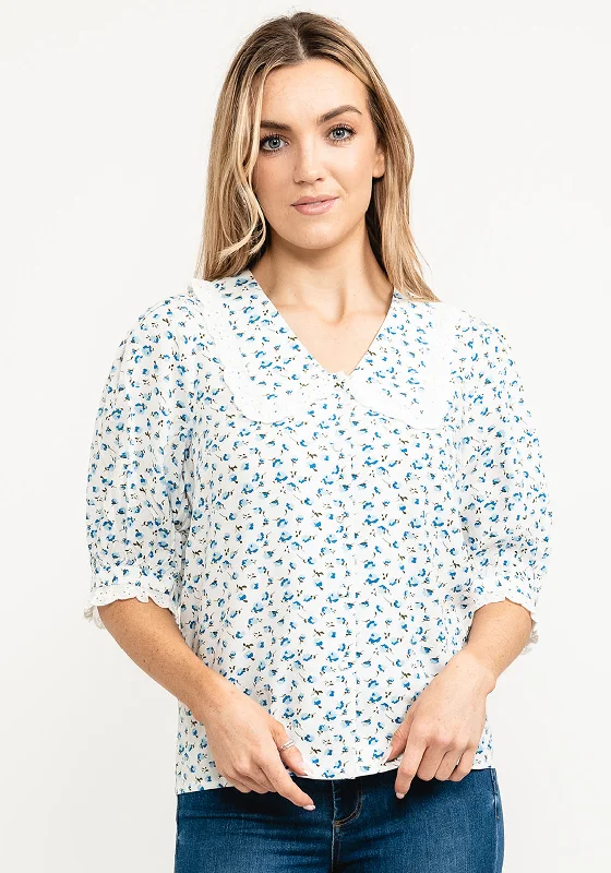 Pulz Christina Floral Chelsea Collar Blouse, Blue Flower Elegant Embroidery Blouse