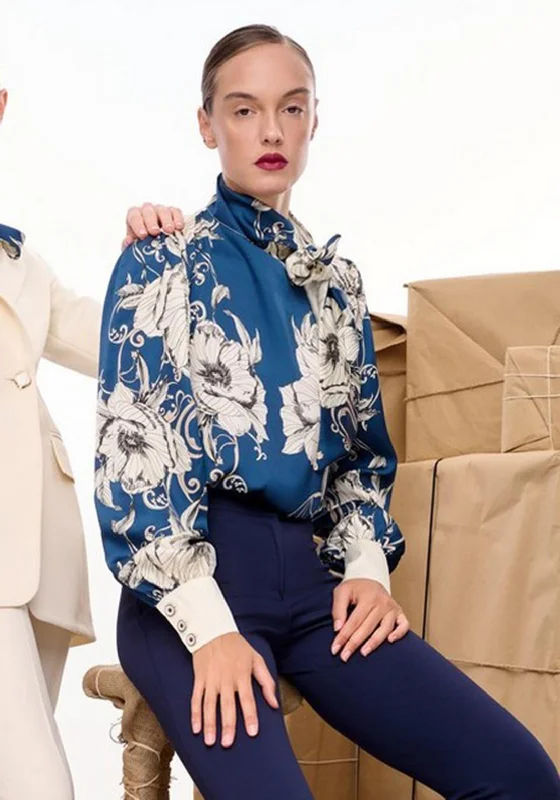 Camelot Floral Pussy Bow Satin Blouse, Blue & Cream Floral Chiffon Blouse