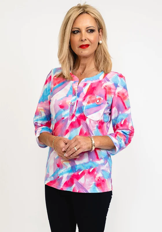Leon Collection Jackie Watercolour Print Blouse, Pink Multi Feminine Satin Blouse