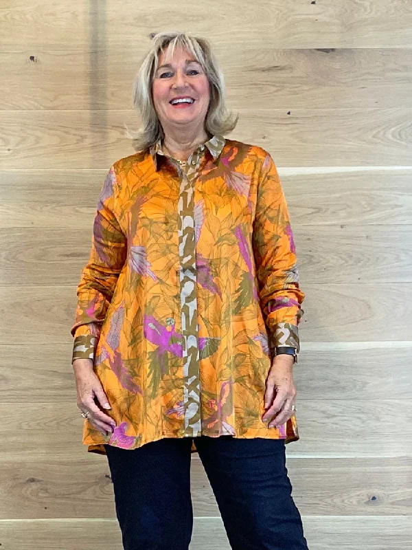 Delicate Love Boli Parrot Blouse Orange Collared Satin Blouse