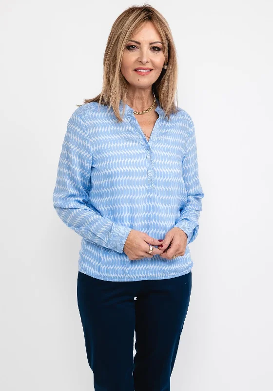 Bianca Adina Print Light Blouse, Blue Off-Shoulder Wrap Blouse