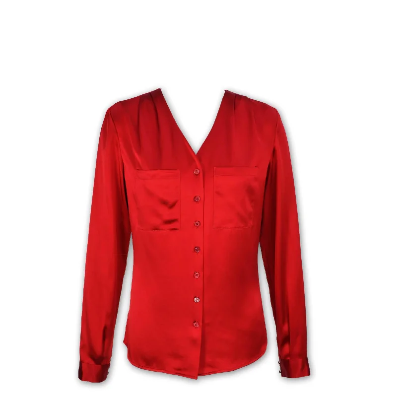 Silk Satin Patch Pocket Blouse Stretchy Fitted Blouse