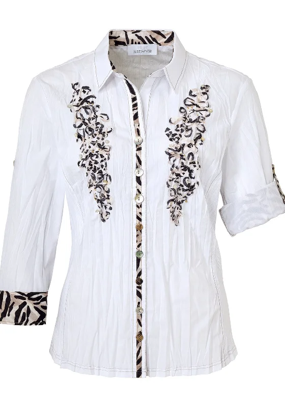 Just White Animal Trim Crushed Blouse, White Balloon Sleeve Blouse