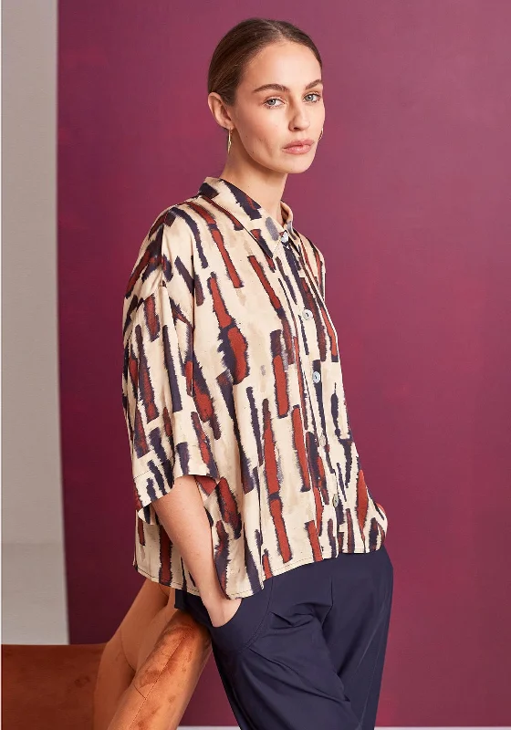 Naya Printed Elbow Length Blouse, Beige Multi Delicate Pleat Blouse