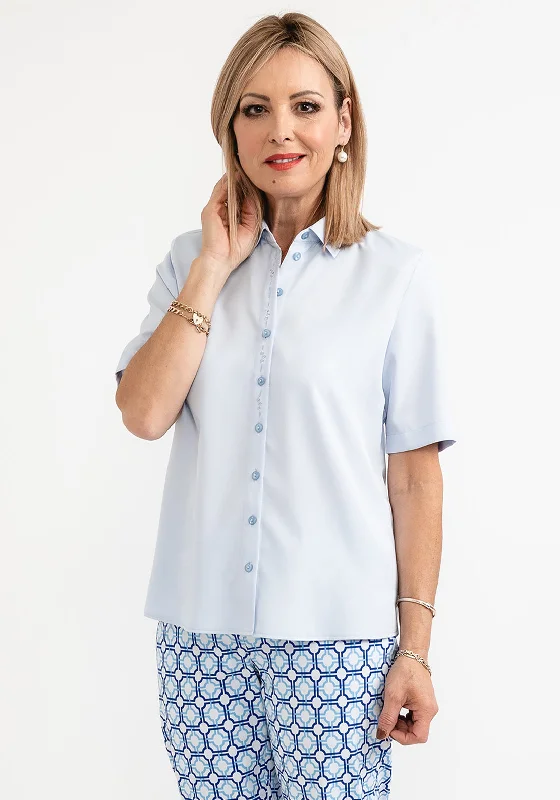 ERFO Short Sleeve Embroidered Placket Blouse, Light Blue Modern Work Blouse