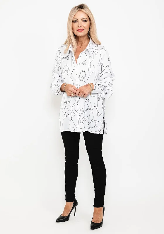 Camelot Artistic Abstract Design Blouse, White Elegant Semi-Sheer Blouse