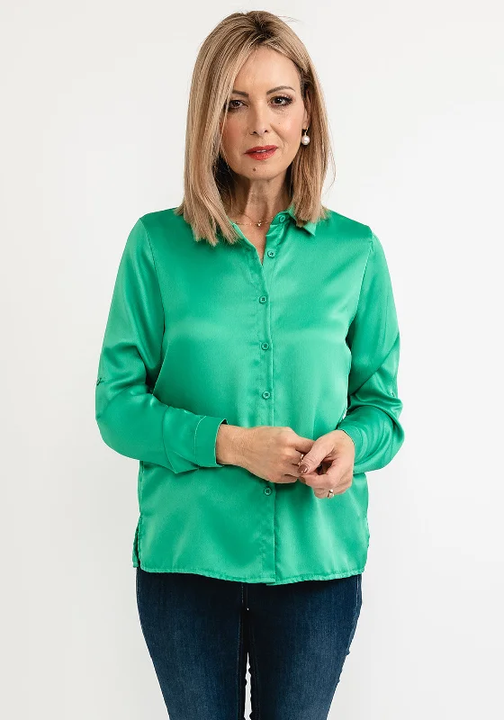 Seventy1 Satin Button Up Blouse, Emerald Green Smart Casual Blouse